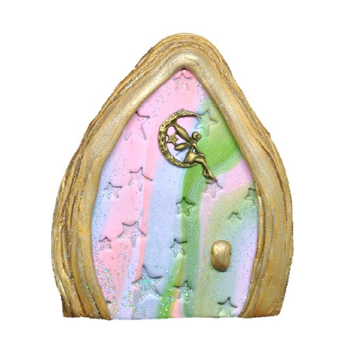 Pastel rainbow fairy door with gold and silver edging and fairy charm